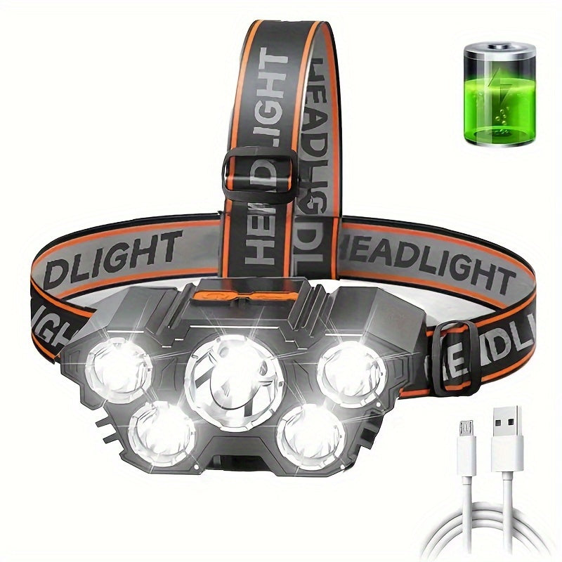 1-Piece Rechargeable LED Headlamp, Bright and Powerful 5-LED, Portable Headlight for Outdoor Camping and Emergency Lighting, IP44 Waterproof, Fishing and Outdoor Work Light