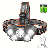 1-Piece Rechargeable LED Headlamp, Bright and Powerful 5-LED, Portable Headlight for Outdoor Camping and Emergency Lighting, IP44 Waterproof, Fishing and Outdoor Work Light