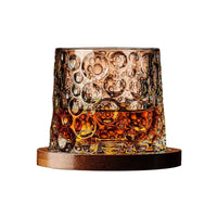 Kristal Whiskey Glazen Set met Houten Onderzetter en Geslepen Patroon