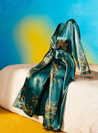 Women'S Elegant Floral Print Satin Robe with V-Neck | Casual All-Season Sleepwear | Autumn Winter Robe | Comforting Softness