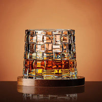 Kristal Whiskey Glazen Set met Houten Onderzetter en Geslepen Patroon