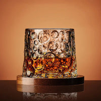 Kristal Whiskey Glazen Set met Houten Onderzetter en Geslepen Patroon