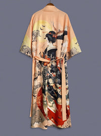 Traditional Ethnic Japanese Vintage Beauty Print Mid-Length Seven-Eighth Sleeve Satin Kimono Cardigan Thin Outerwear for Women, European and American Elegant Street Style Casual Loose Cover-Up, Beach Travel Vacation Uchikake Japanese-Style Thin Cape