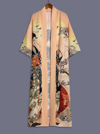 Traditional Ethnic Japanese Vintage Beauty Print Mid-Length Seven-Eighth Sleeve Satin Kimono Cardigan Thin Outerwear for Women, European and American Elegant Street Style Casual Loose Cover-Up, Beach Travel Vacation Uchikake Japanese-Style Thin Cape