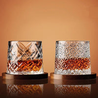 Kristal Whiskey Glazen Set met Houten Onderzetter en Geslepen Patroon