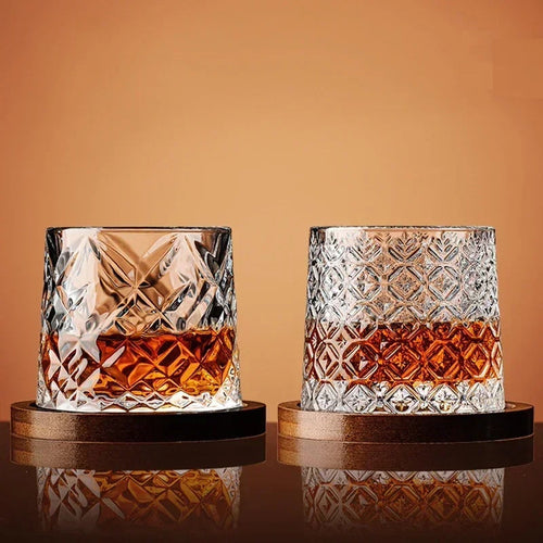 Kristal Whiskey Glazen Set met Houten Onderzetter en Geslepen Patroon