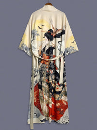 Traditional Ethnic Japanese Vintage Beauty Print Mid-Length Seven-Eighth Sleeve Satin Kimono Cardigan Thin Outerwear for Women, European and American Elegant Street Style Casual Loose Cover-Up, Beach Travel Vacation Uchikake Japanese-Style Thin Cape