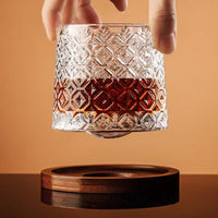 Kristal Whiskey Glazen Set met Houten Onderzetter en Geslepen Patroon