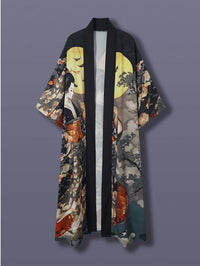 Traditional Ethnic Japanese Vintage Beauty Print Mid-Length Seven-Eighth Sleeve Satin Kimono Cardigan Thin Outerwear for Women, European and American Elegant Street Style Casual Loose Cover-Up, Beach Travel Vacation Uchikake Japanese-Style Thin Cape