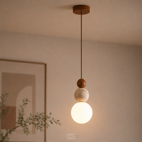 OCS - globe Wabi-Sabi Travertijn Hanglamp - minimalistische designlamp met glazen bol