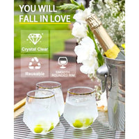 40 Pcak Plastic Stemless Wine cocktail Whiskey Champagne Glasses, 12 Oz Gold Rim Disposable Clear Unbreakable Cups for Party Ba