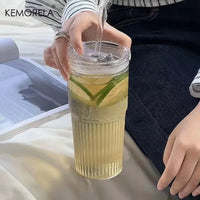 600ml Striped Glass Cup with Lid & Straw – Transparent Drinking Glass for Juice, Iced Coffee & Water, Outdoor Drinkware