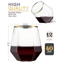 40 Pcak Plastic Stemless Wine cocktail Whiskey Champagne Glasses, 12 Oz Gold Rim Disposable Clear Unbreakable Cups for Party Ba