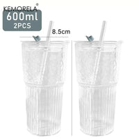 600ml Striped Glass Cup with Lid & Straw – Transparent Drinking Glass for Juice, Iced Coffee & Water, Outdoor Drinkware