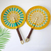 2025 New Hot-selling Seagrass Woven Straw Fan Wall Hanging African Element Wind Wall Decoration Daily Summer Hand Crank Pu
