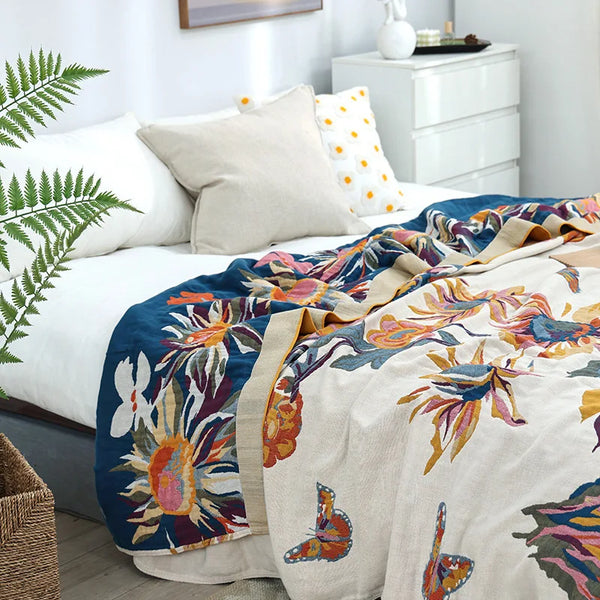 Boho Floral Jacquard Throw Blanket with Butterfly Pattern Vintage Woven Tapestry Bedspread Soft Cotton Blend Decorative Blanket