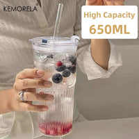 600ml Striped Glass Cup with Lid & Straw – Transparent Drinking Glass for Juice, Iced Coffee & Water, Outdoor Drinkware