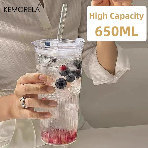 600ml Striped Glass Cup with Lid & Straw – Transparent Drinking Glass for Juice, Iced Coffee & Water, Outdoor Drinkware