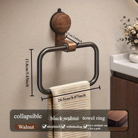 Vintage Walnut Wood Towel Ring with Suction Cup Mount, No-Drill Wall-Mounted Bathroom Towel Holder, Stainless Steel Frame