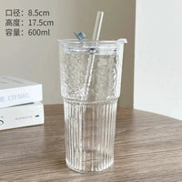 600ml Striped Glass Cup with Lid & Straw – Transparent Drinking Glass for Juice, Iced Coffee & Water, Outdoor Drinkware
