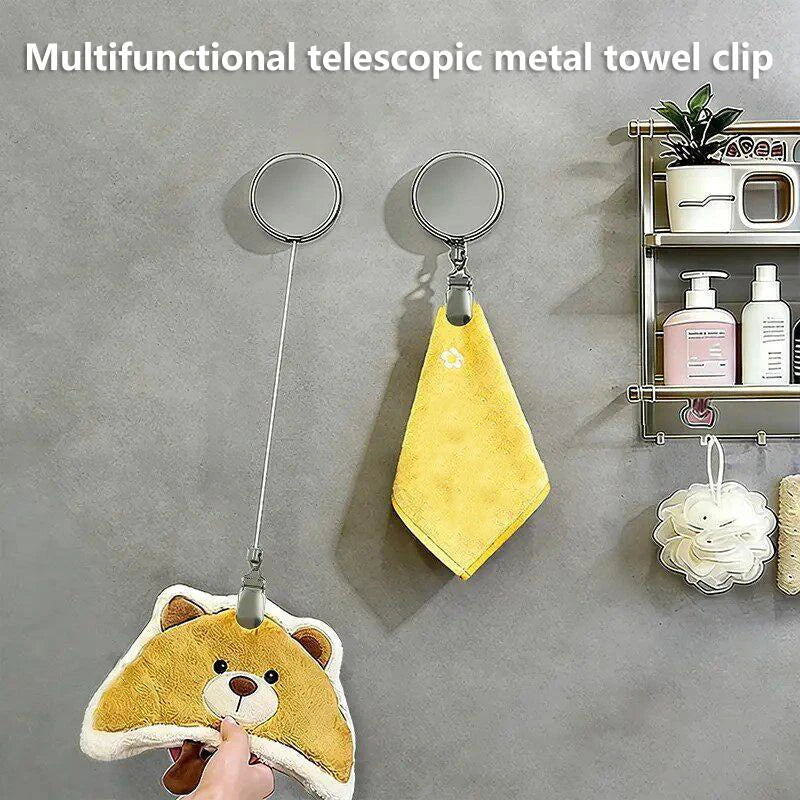 1PC No-Drill Self-Adhesive Automatic Retractable Towel Rack Wall Mounted Hand Towel Holder With Stainless Steel Cable Clamp