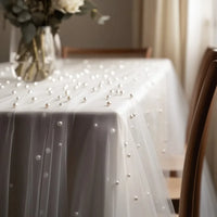 Pearl Chiffon Table Runner 80x300cm Semi Transparent Gauze Mesh Table Cloth for Wedding Bridal Shower Party Dining Decoration
