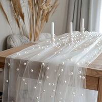 Pearl Chiffon Table Runner 80x300cm Semi Transparent Gauze Mesh Table Cloth for Wedding Bridal Shower Party Dining Decoration