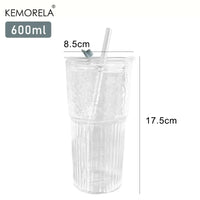 600ml Striped Glass Cup with Lid & Straw – Transparent Drinking Glass for Juice, Iced Coffee & Water, Outdoor Drinkware