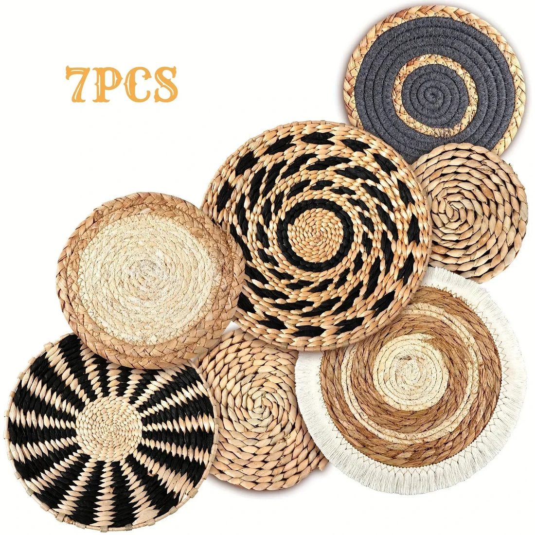 7Pcs Boho Chic Handcrafted Seagrass Wall Baskets, Rattan Woven Round Bohemian Decor for Home,Farmhouse-Featherless,Versatile Use