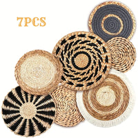 7Pcs Boho Chic Handcrafted Seagrass Wall Baskets, Rattan Woven Round Bohemian Decor for Home,Farmhouse-Featherless,Versatile Use