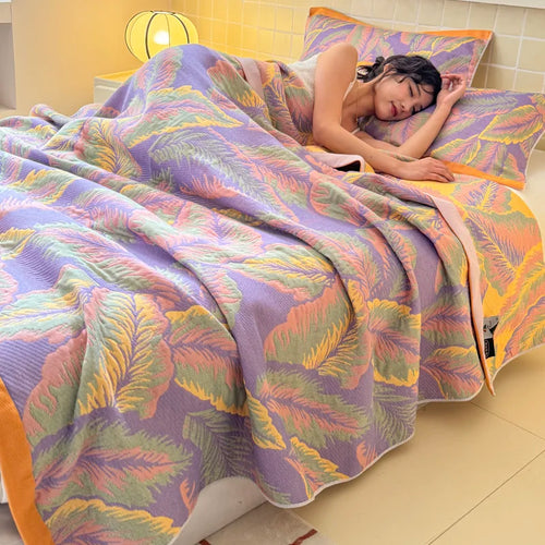 1pc 100%Cotton Three-layer Gauze Blanket Flower Printed Towel Blanket for Beds Single/Queen Size Plaids for Summer Bedspread