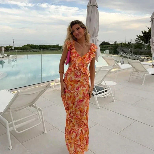 Calithea | Floral Ruffled Maxi Dress with V-Neck Elegance
