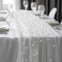 Pearl Chiffon Table Runner 80x300cm Semi Transparent Gauze Mesh Table Cloth for Wedding Bridal Shower Party Dining Decoration