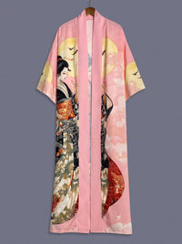 Traditional Ethnic Japanese Vintage Beauty Print Mid-Length Seven-Eighth Sleeve Satin Kimono Cardigan Thin Outerwear for Women, European and American Elegant Street Style Casual Loose Cover-Up, Beach Travel Vacation Uchikake Japanese-Style Thin Cape