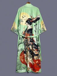 Traditional Ethnic Japanese Vintage Beauty Print Mid-Length Seven-Eighth Sleeve Satin Kimono Cardigan Thin Outerwear for Women, European and American Elegant Street Style Casual Loose Cover-Up, Beach Travel Vacation Uchikake Japanese-Style Thin Cape