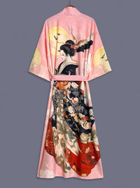 Traditional Ethnic Japanese Vintage Beauty Print Mid-Length Seven-Eighth Sleeve Satin Kimono Cardigan Thin Outerwear for Women, European and American Elegant Street Style Casual Loose Cover-Up, Beach Travel Vacation Uchikake Japanese-Style Thin Cape