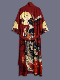 Traditional Ethnic Japanese Vintage Beauty Print Mid-Length Seven-Eighth Sleeve Satin Kimono Cardigan Thin Outerwear for Women, European and American Elegant Street Style Casual Loose Cover-Up, Beach Travel Vacation Uchikake Japanese-Style Thin Cape