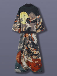 Traditional Ethnic Japanese Vintage Beauty Print Mid-Length Seven-Eighth Sleeve Satin Kimono Cardigan Thin Outerwear for Women, European and American Elegant Street Style Casual Loose Cover-Up, Beach Travel Vacation Uchikake Japanese-Style Thin Cape