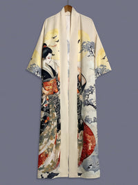 Traditional Ethnic Japanese Vintage Beauty Print Mid-Length Seven-Eighth Sleeve Satin Kimono Cardigan Thin Outerwear for Women, European and American Elegant Street Style Casual Loose Cover-Up, Beach Travel Vacation Uchikake Japanese-Style Thin Cape